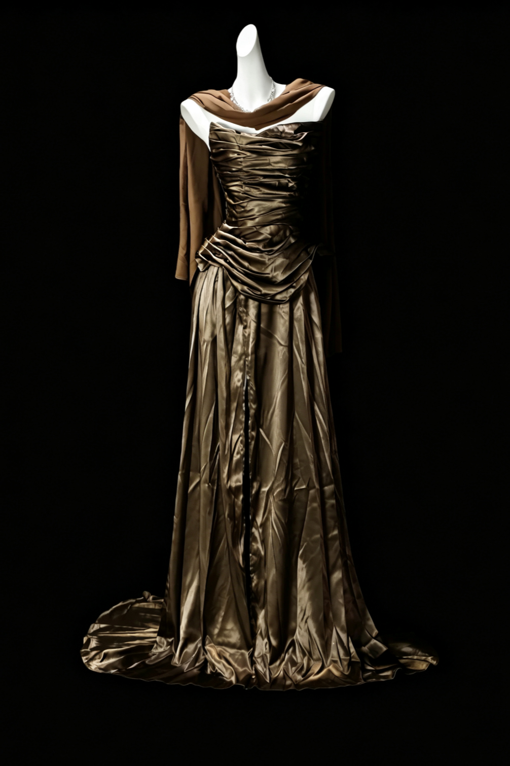 Antique Gold Satin Strapless Evening Dress Ruffled Vintage Gown F0189