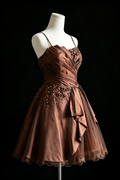 Brown Satin Spaghetti Strap Homecoming Dress Beaded Lace Short Cocktail Gown With Sash Bow F0015