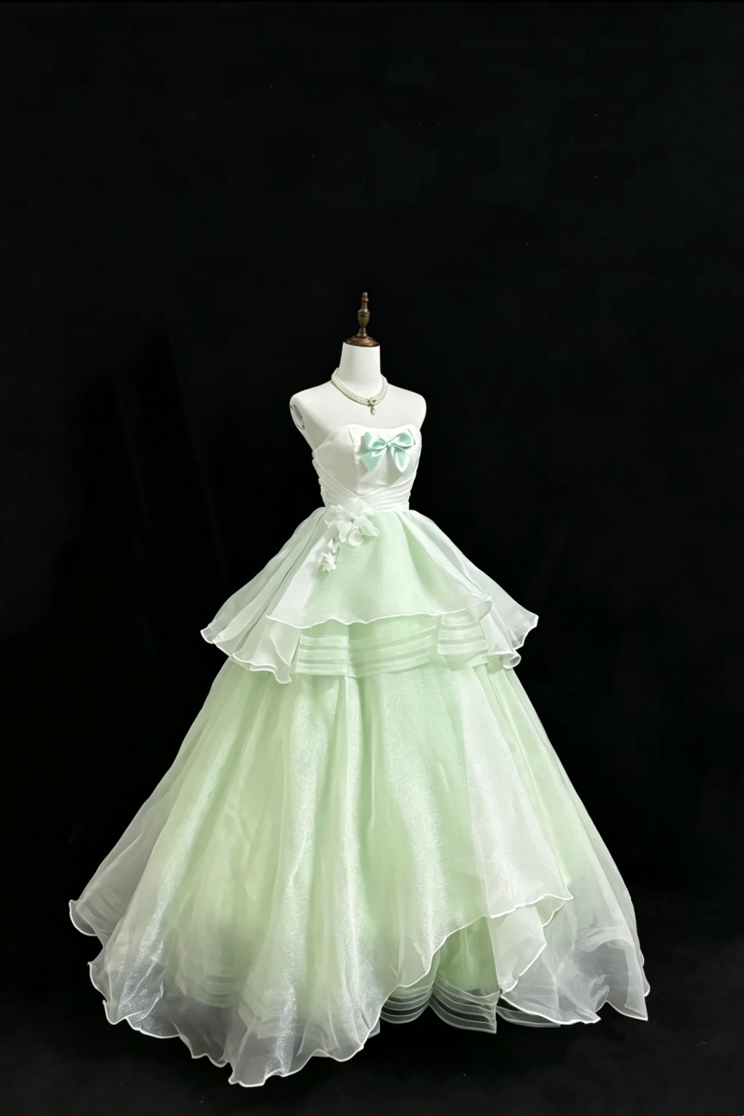 Mint Green Strapless Tulle Gown Bow Floral Fall Formal Dress F0100