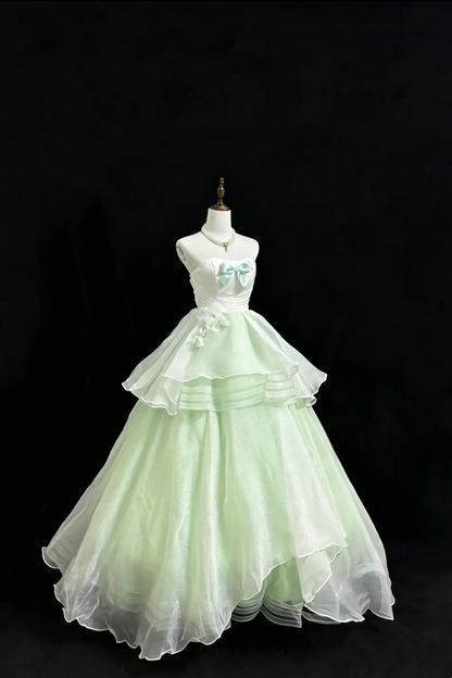 Mint Green Strapless Tulle Gown Bow Floral Fall Formal Dress F0100