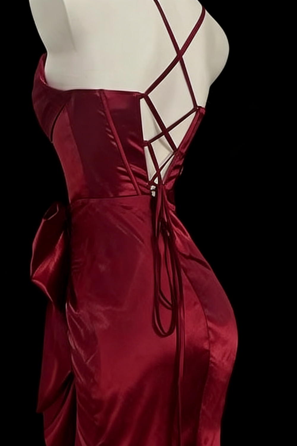 Burgundy Satin Spaghetti Strap Big Bow Mermaid Evening Gown Floral-03