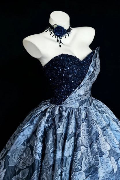 Midnight Blue Jacquard Ballgown, Strapless Sweetheart Sequin Quinceanera Dress F006