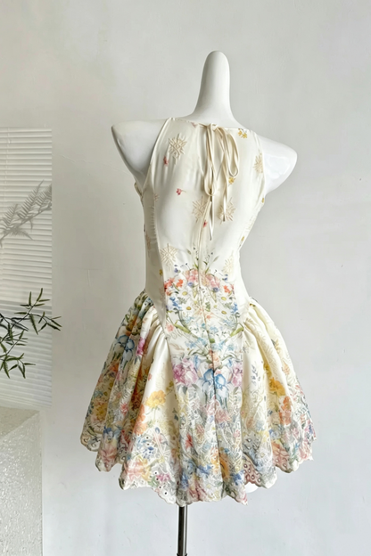 Floral Print Halter Mini Dress Lace Hem A-Line Party Gown F0213
