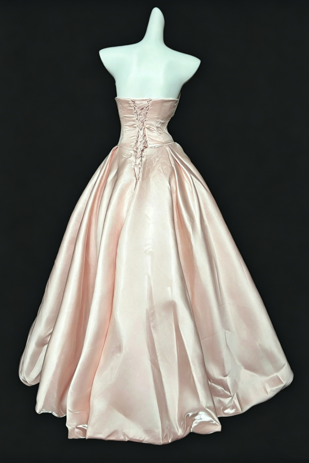 Blush Pink Satin Strapless Dress, Lace-Up Back Princess Evening Gown  Floral028