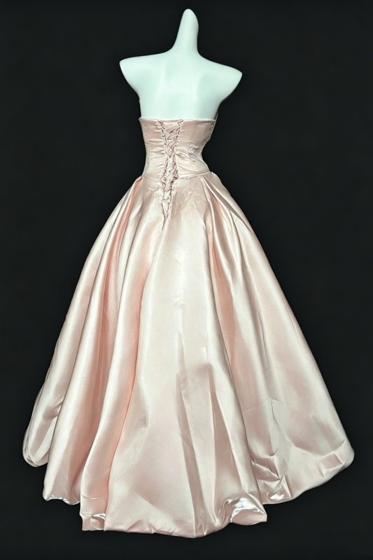 Blush Pink Satin Strapless Dress, Lace-Up Back Princess Evening Gown  Floral028