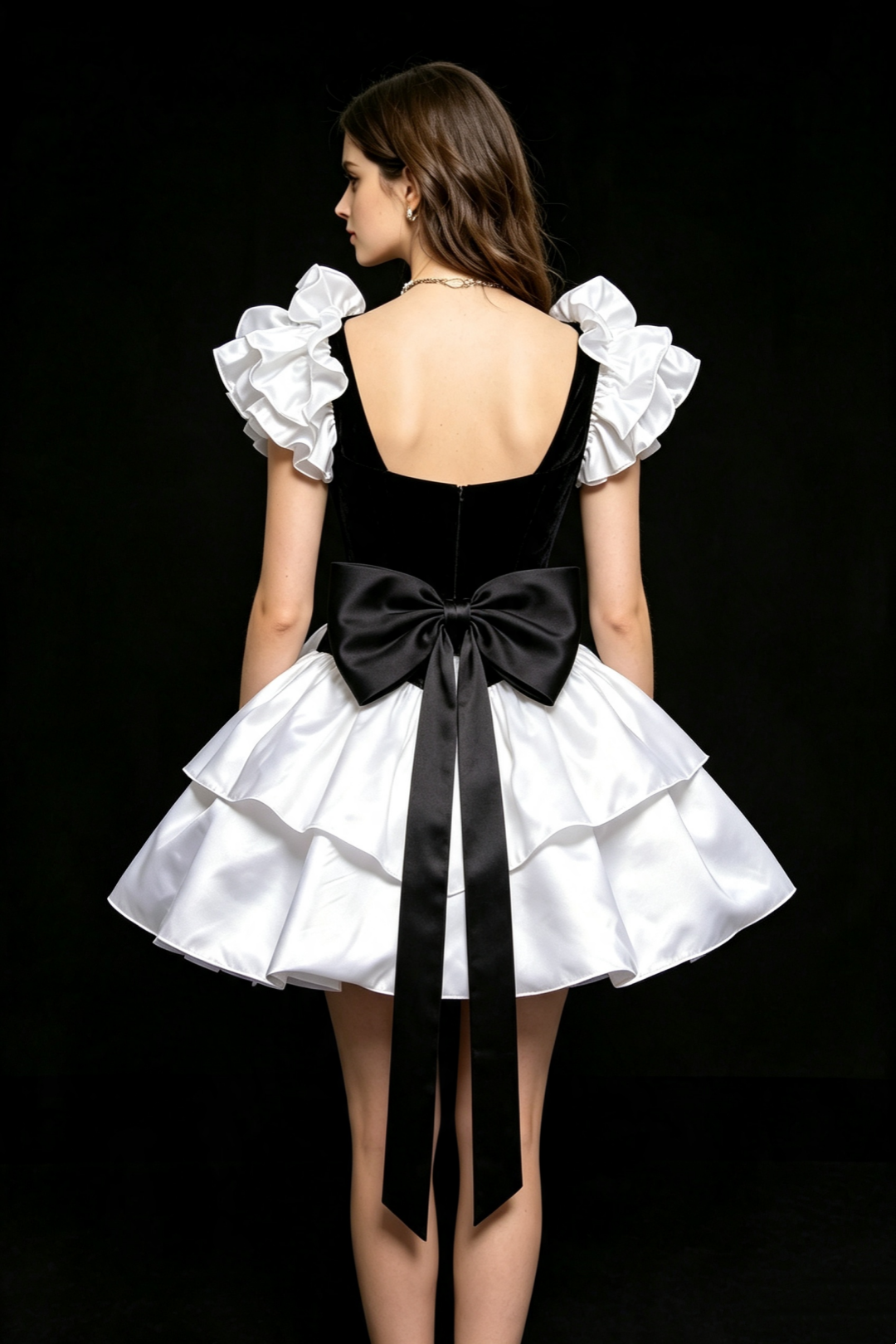 Black Velvet White Satin Homecoming Mini Dress Ruffle Puff Sleeve With Big Bow Cocktail Gown F0014