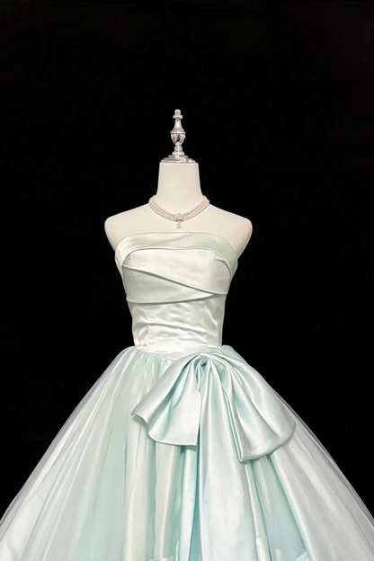 Strapless Satin A‑Line Prom Dress Large Side Bow Formal Evening Gown F0162