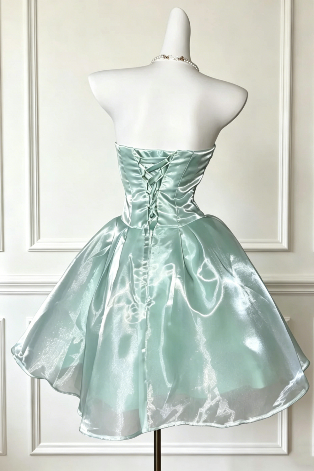 Mint Green Satin Strapless Short Dress  Lace-Up Corset Back A-Line Tulle Graduation dress Party dress  Floral027