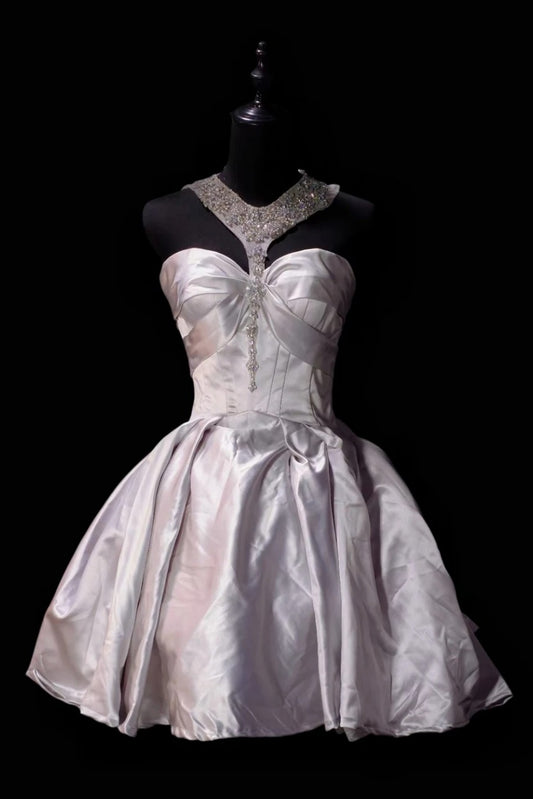 Satin Halter Beaded Mini Ball Gown Homecoming Dress F0204