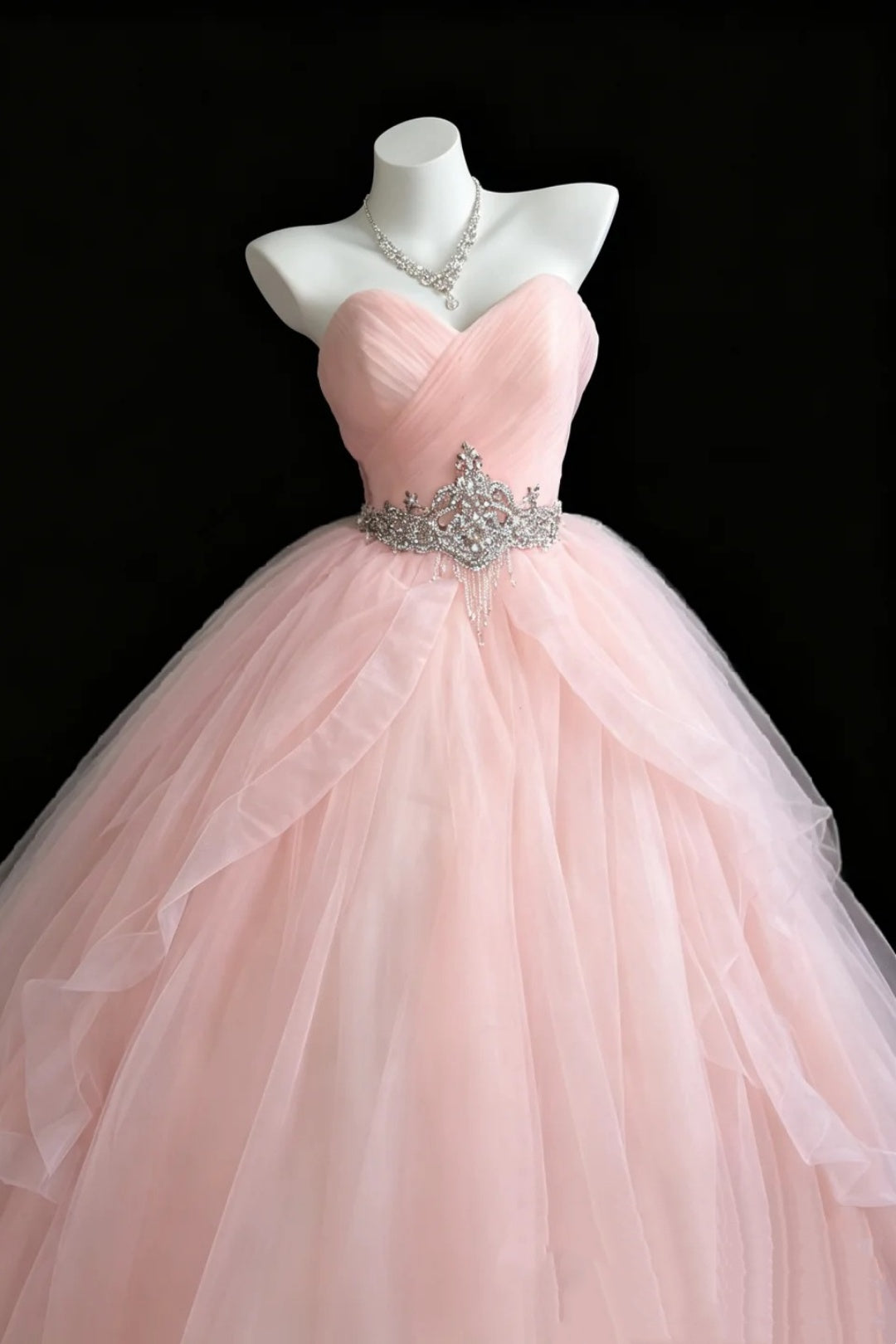Sweetheart Strapless Pink Tulle Ball Gown Rhinestone Sash Prom Formal Dress F0115