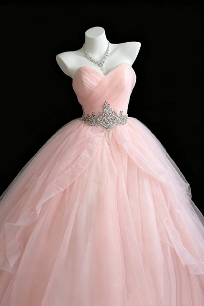 Sweetheart Strapless Pink Tulle Ball Gown Rhinestone Sash Prom Formal Dress F0115