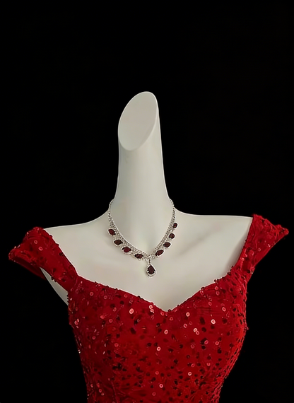 Formal Red Sequin Prom Dress, Off-the-shoulder Lace-up Mermaid Gown for Evening Party Floral-04
