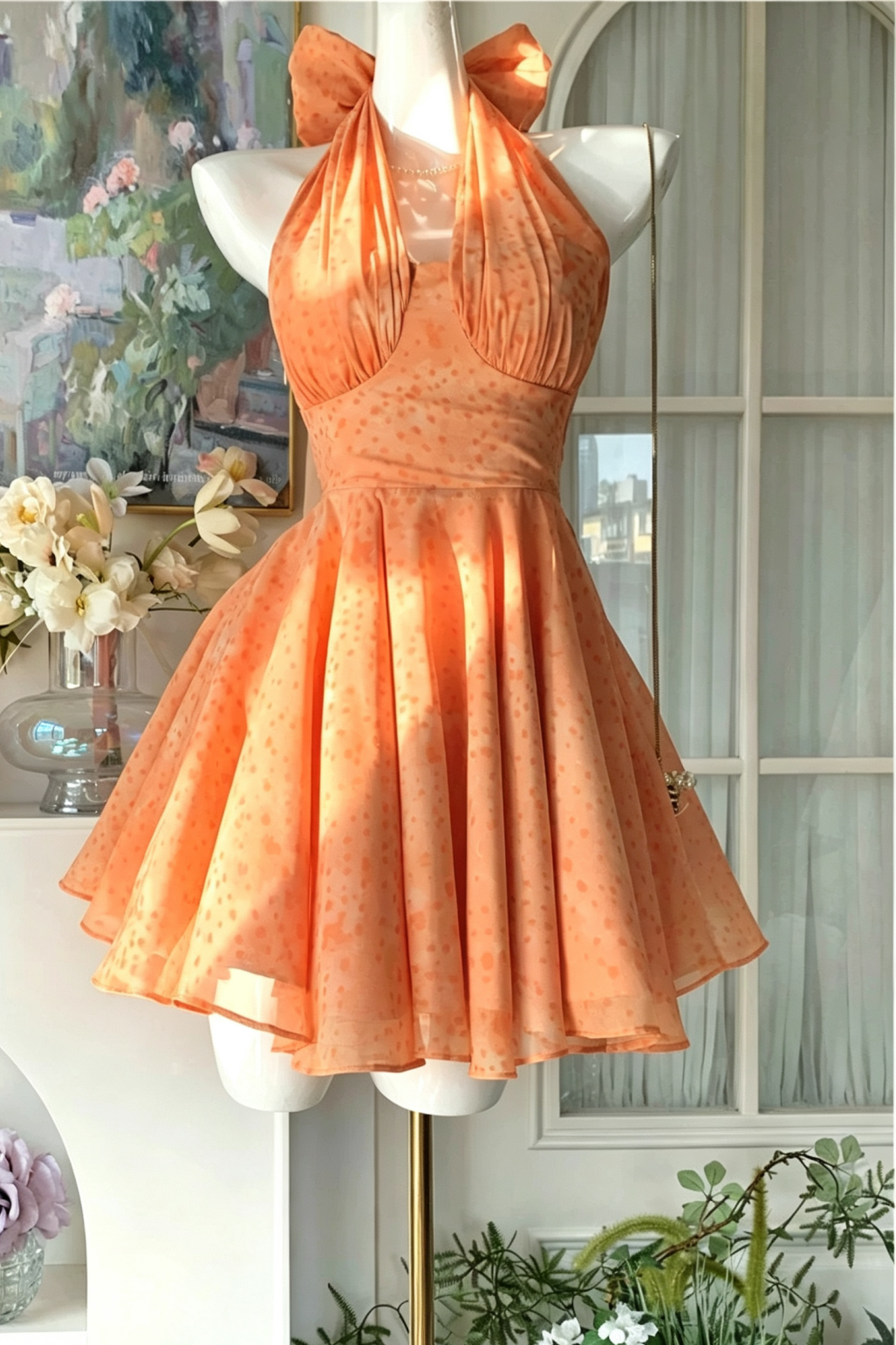Beach Party Dress Orange Halter Neck Mini Dress With Big Bow F0059