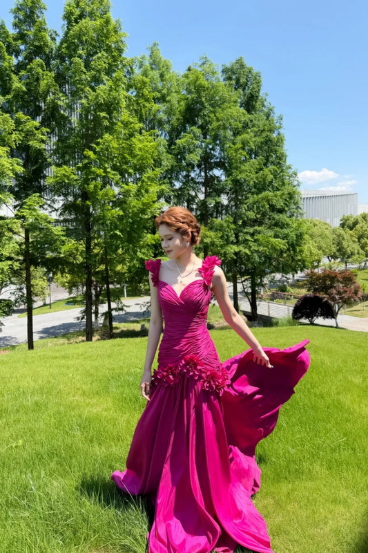 Fuchsia Satin Long Prom Dress 3D Floral Spaghetti Strap Ruched Formal Evening Gown F0030
