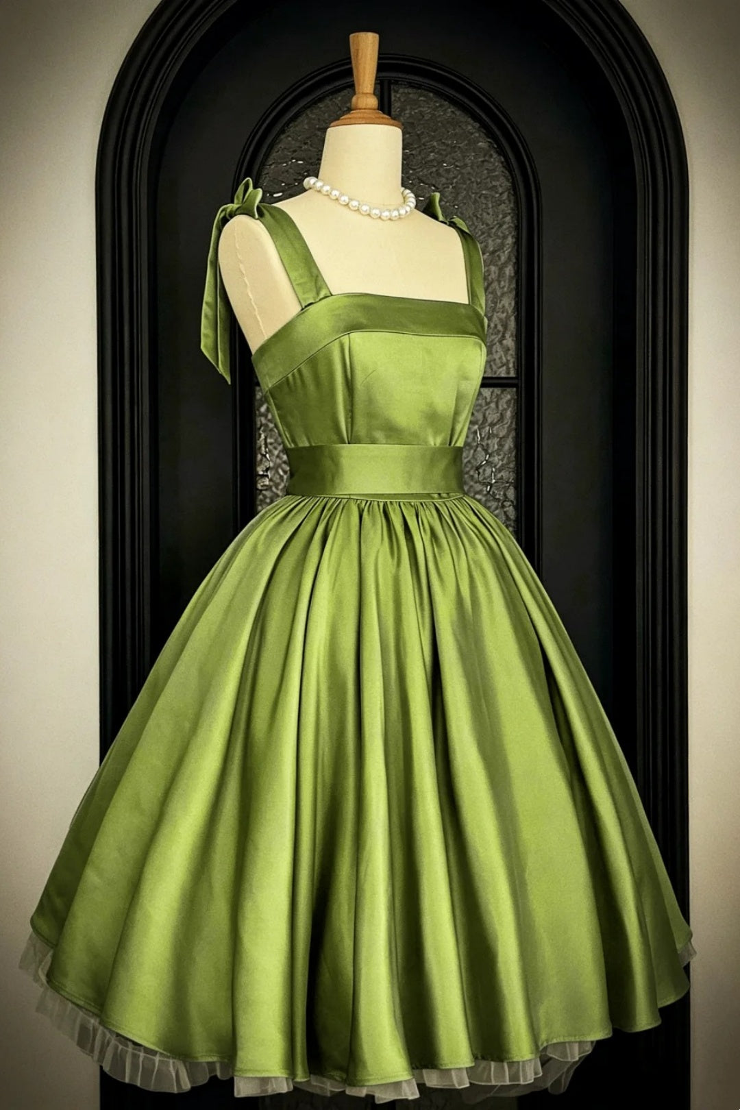 Olive Green Satin Retro Midi Dress, Bow Strap Vintage Homecoming Dress  F0052