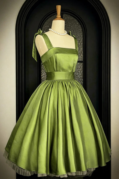 Olive Green Satin Retro Midi Dress, Bow Strap Vintage Homecoming Dress  F0052