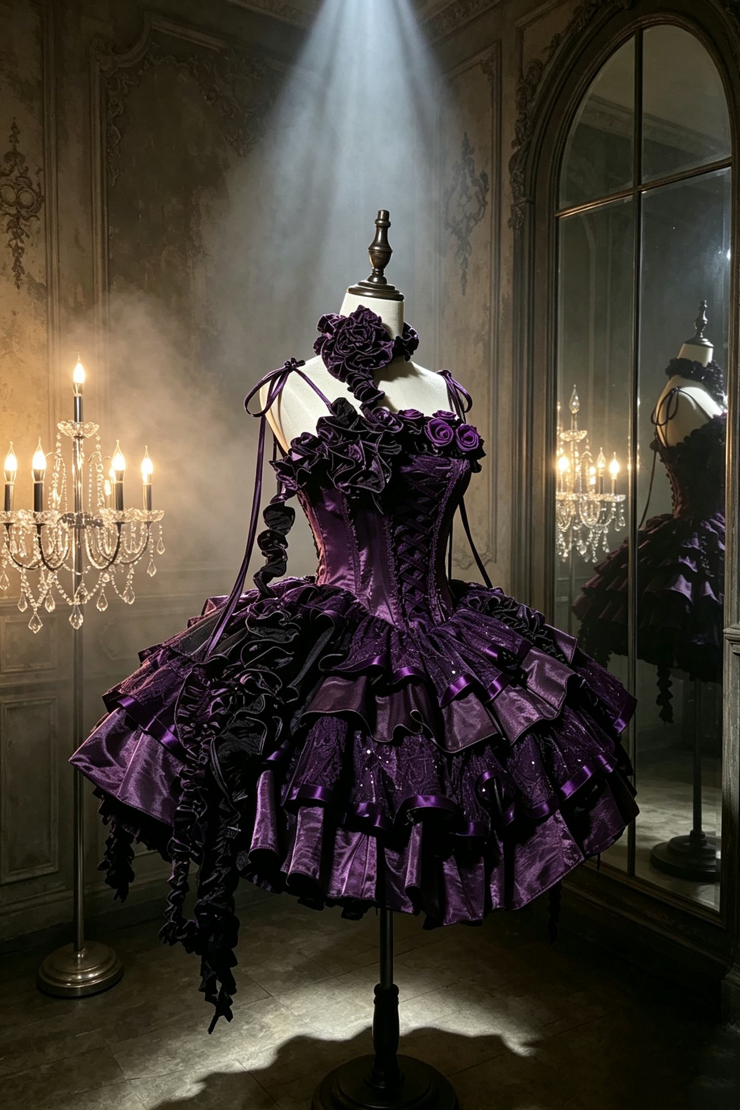 Gothic Lolita Dress Purple Black Tiered Ruffle Mini Gown With Rose Decor F0064