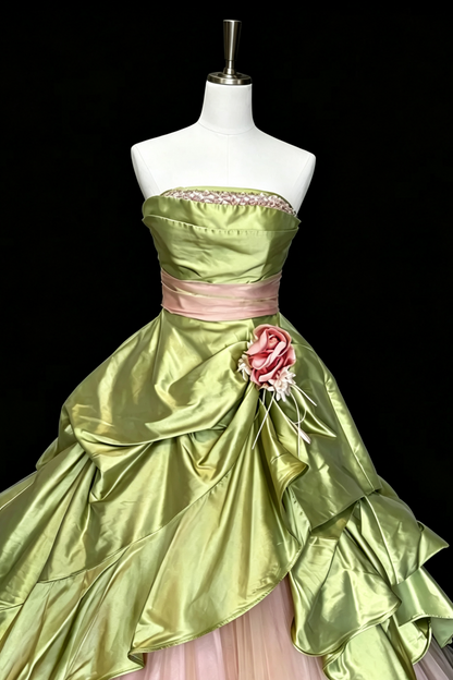 Strapless Satin Ball Gown Green Pink Floral Tulle Formal Evening Dress F0086