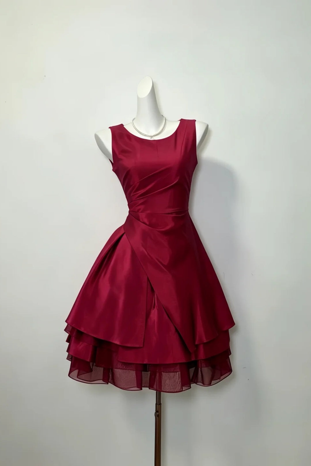 Burgundy Sleeveless Satin Mini Dress Draped Layered Skirt Homecoming Party Gown F0142