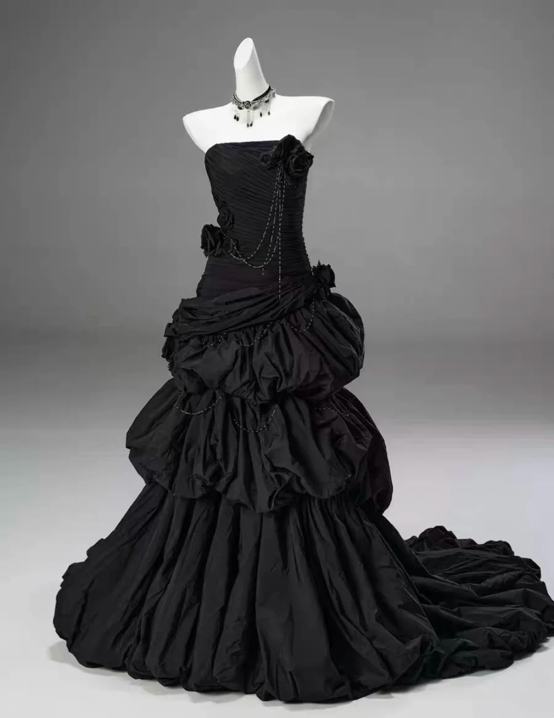 Black Strapless Satin Train Gown with 3D Rose Accents and Tiered Bubble Skirt Luxury Evening Dress Floral037