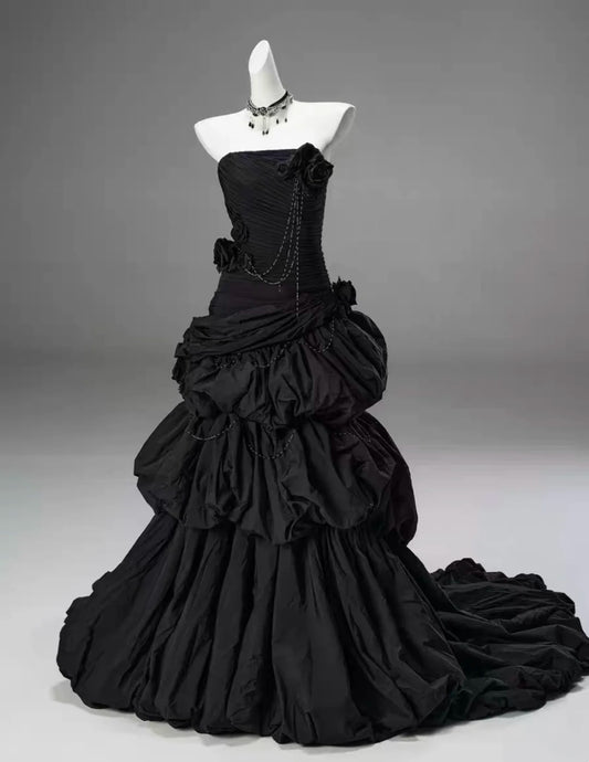 Black Strapless Satin Train Gown with 3D Rose Accents and Tiered Bubble Skirt Luxury Evening Dress Floral037