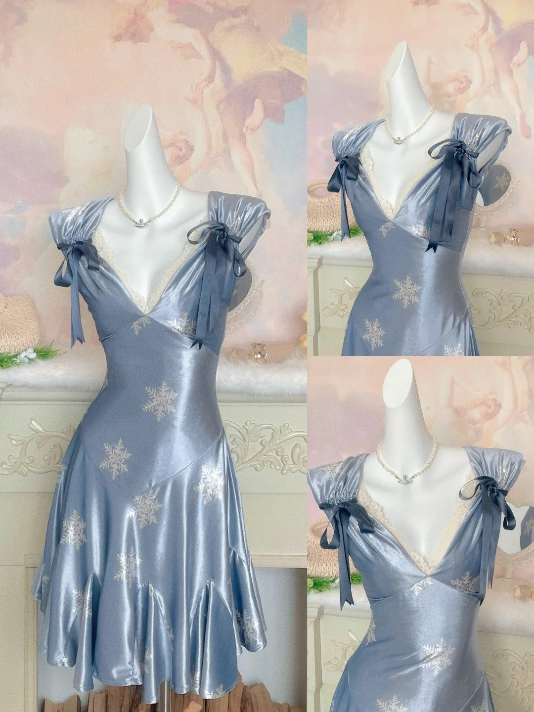 Misty Silver Blue Snowflake V-Neck Vintage Ruffle Dress F0273