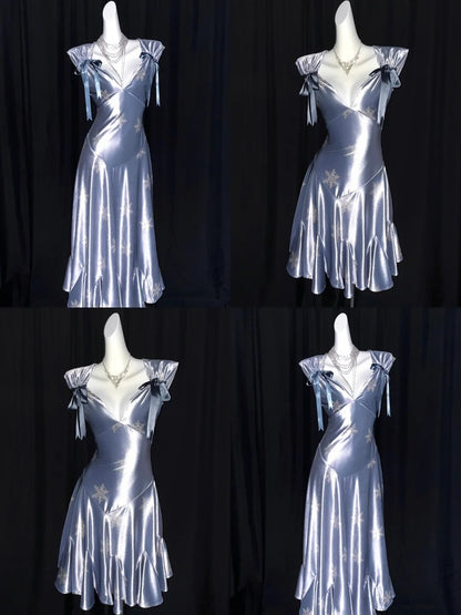 Misty Silver Blue Snowflake V-Neck Vintage Ruffle Dress F0273