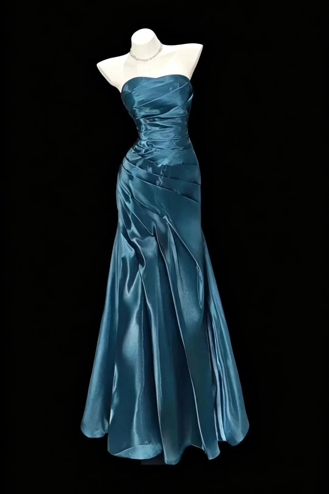 Strapless Satin Mermaid Gown, Teal Blue Pleated Formal Evening Party Dress F0085