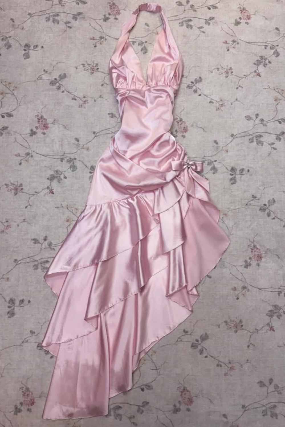 Evening Gown Asymmetrical Birthday Party Dress Custom Vintage Satin Halter  Floral042