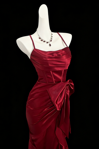 Burgundy Satin Spaghetti Strap Big Bow Mermaid Evening Gown Floral-03