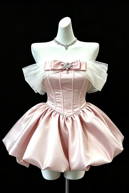 Pink Off‑the‑Shoulder Satin Short Gown, Bow Crystal Sweet 16 Dress F009