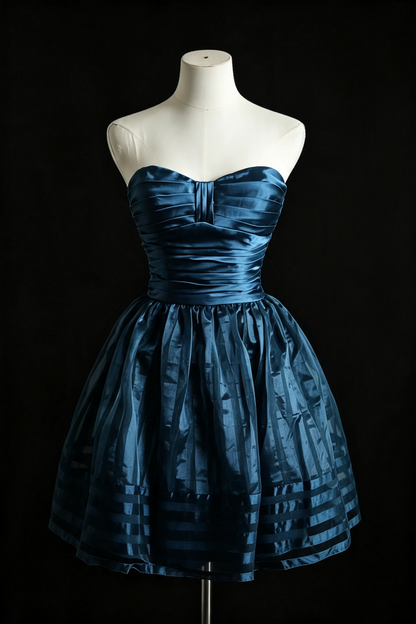 Navy Blue Satin Strapless Homecoming Dress Pleated Short Cocktail Party Gown F0017