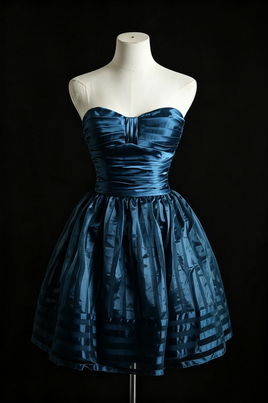 Navy Blue Satin Strapless Homecoming Dress Pleated Short Cocktail Party Gown F0017