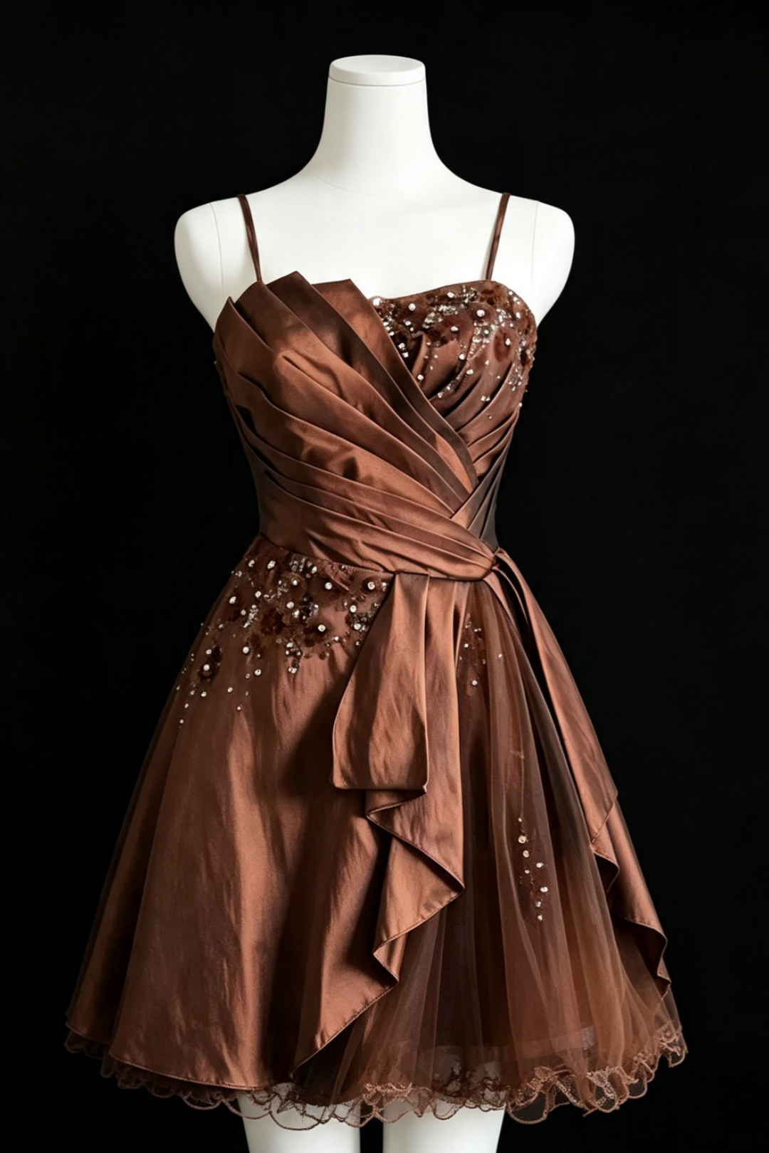 Brown Satin Spaghetti Strap Homecoming Dress Beaded Lace Short Cocktail Gown With Sash Bow F0015