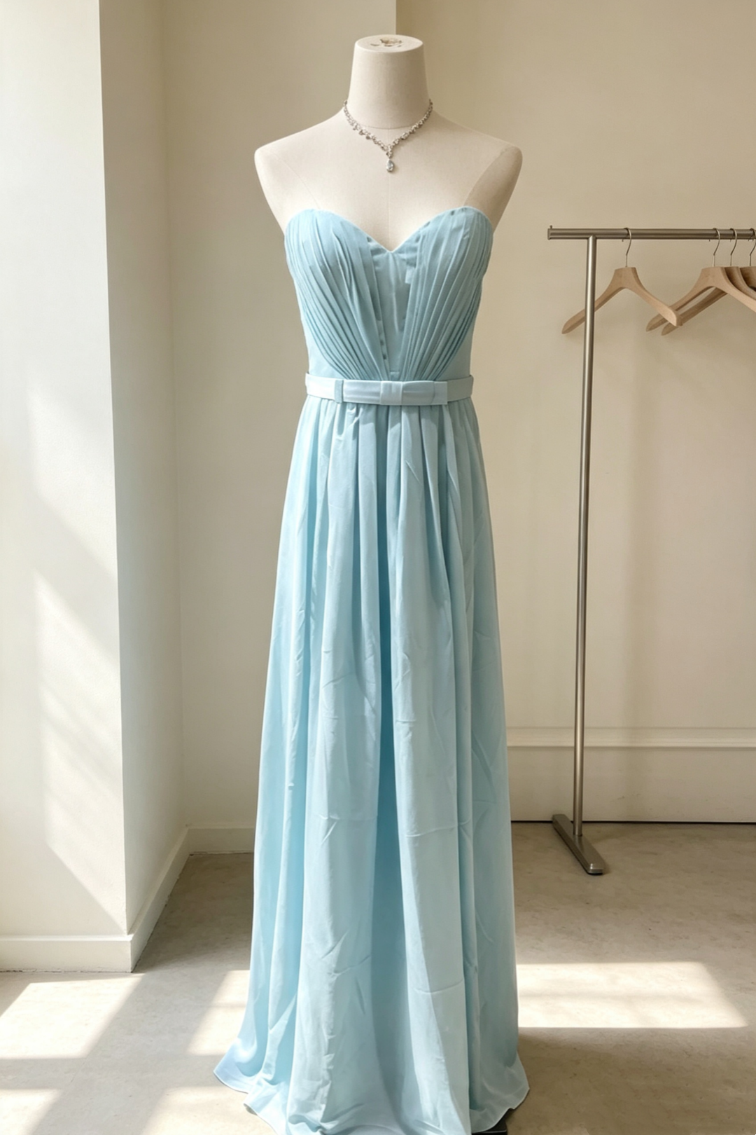 Strapless Sweetheart Chiffon Long Bridesmaid Dress Satin Bow Waist Formal Gown F0029