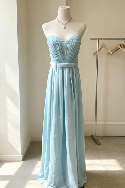Strapless Sweetheart Chiffon Long Bridesmaid Dress Satin Bow Waist Formal Gown F0029