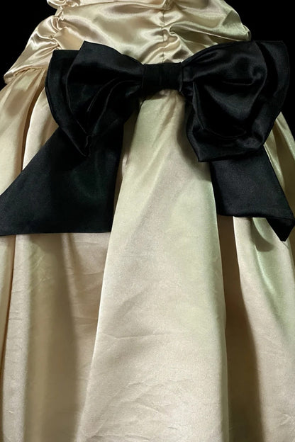 Champagne Satin Strapless Homecoming Dress Black Bow Short Party Gown F0091