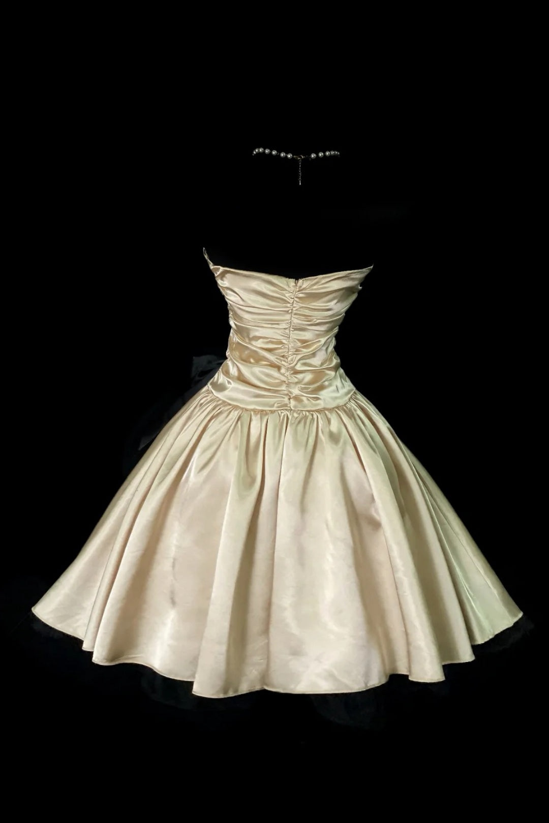 Champagne Satin Strapless Homecoming Dress Black Bow Short Party Gown F0091