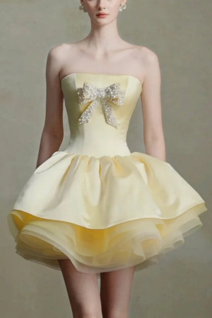 Cream Yellow Strapless Pearl Bow Mini Homecoming Dress F0276