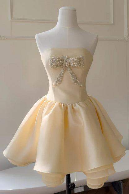Cream Yellow Strapless Pearl Bow Mini Homecoming Dress F0276