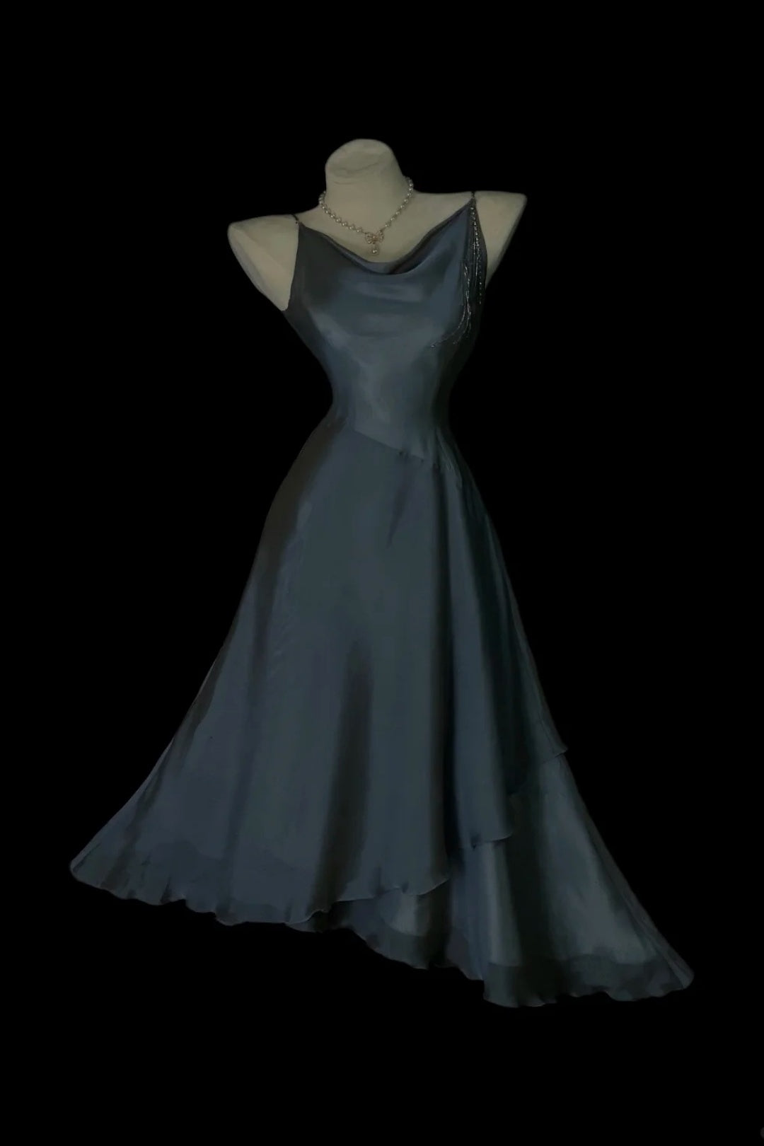 Slate‑Gray Satin Cowl Neck Homecoming Dress Beaded Tassel Fall Formal Party Gown F0089