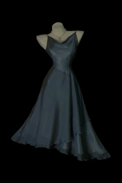 Slate‑Gray Satin Cowl Neck Homecoming Dress Beaded Tassel Fall Formal Party Gown F0089