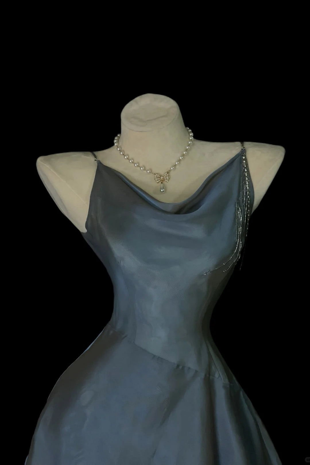 Slate‑Gray Satin Cowl Neck Homecoming Dress Beaded Tassel Fall Formal Party Gown F0089