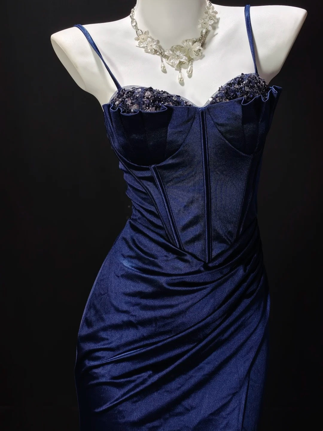 Navy Satin Corset Mermaid Slit Evening Dress Beaded Bust F0197