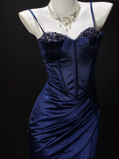 Navy Satin Corset Mermaid Slit Evening Dress Beaded Bust F0197