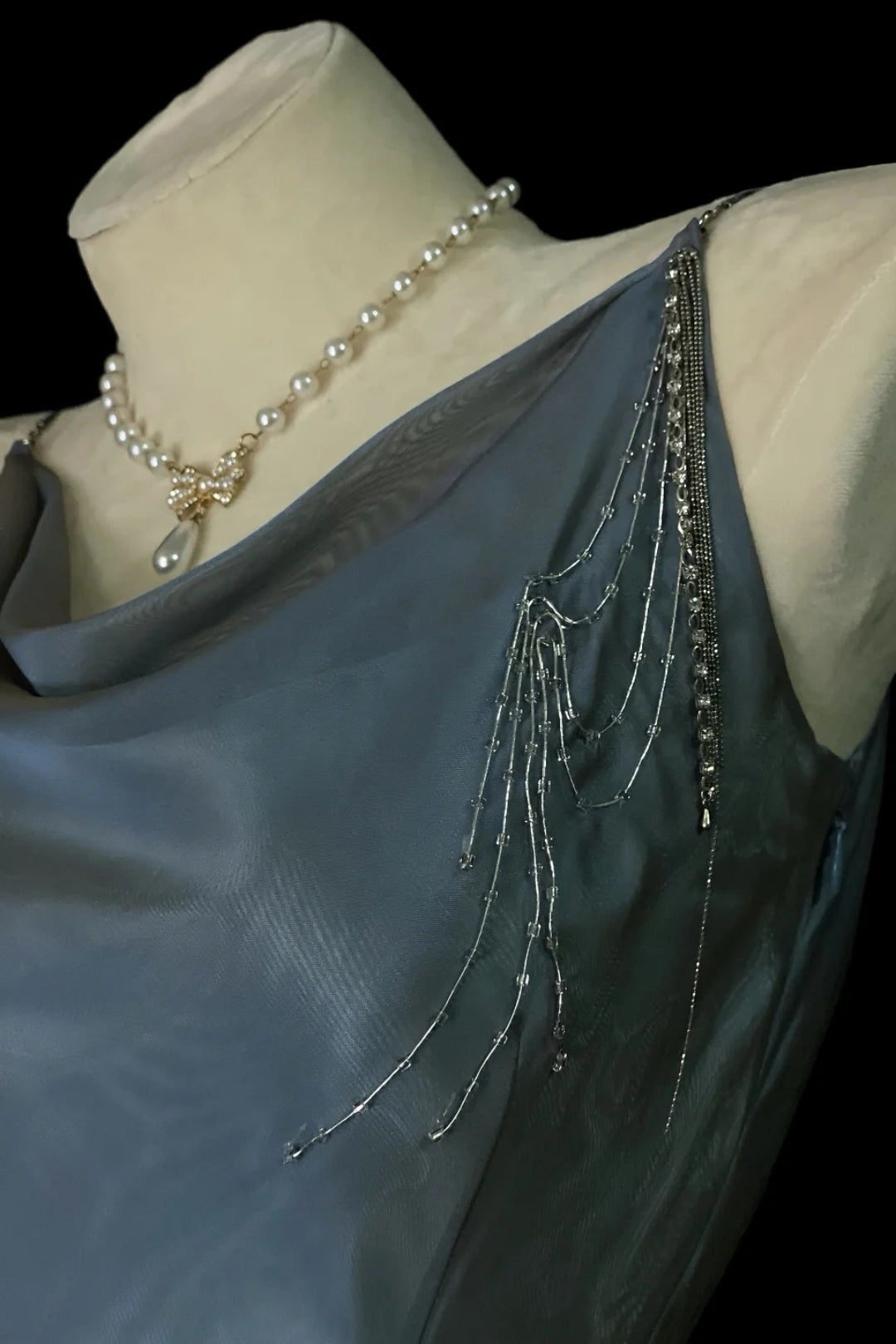 Slate‑Gray Satin Cowl Neck Homecoming Dress Beaded Tassel Fall Formal Party Gown F0089