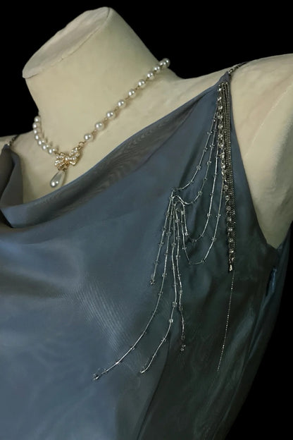 Slate‑Gray Satin Cowl Neck Homecoming Dress Beaded Tassel Fall Formal Party Gown F0089