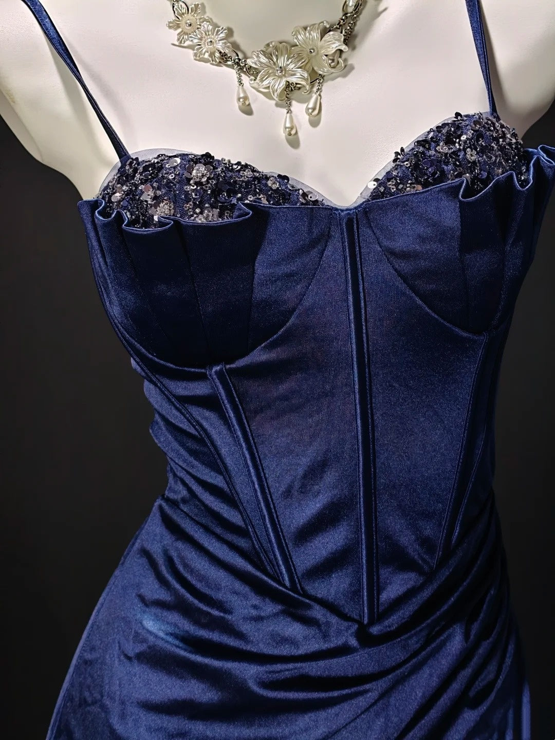 Navy Satin Corset Mermaid Slit Evening Dress Beaded Bust F0197