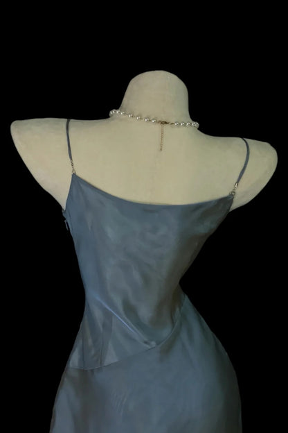 Slate‑Gray Satin Cowl Neck Homecoming Dress Beaded Tassel Fall Formal Party Gown F0089