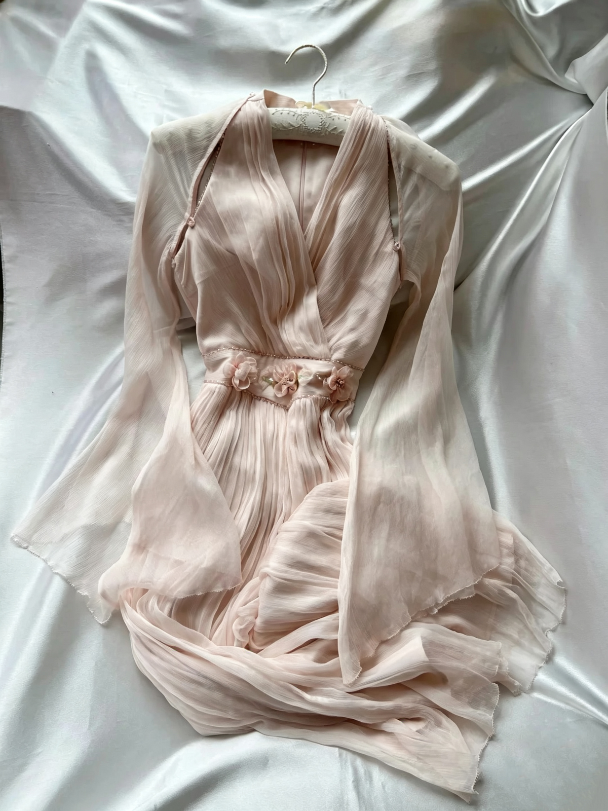 Blush Pink Chiffon Long Dress Flare Sleeve 3D Floral Waist F0265